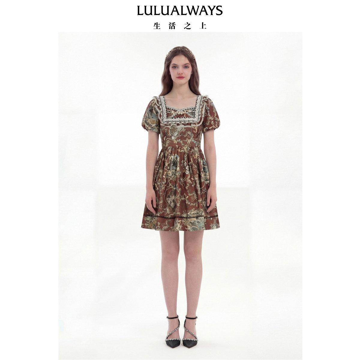 LULUALWAYS【商场同款】26夏季新款法式宫廷公主风方领修身连衣裙