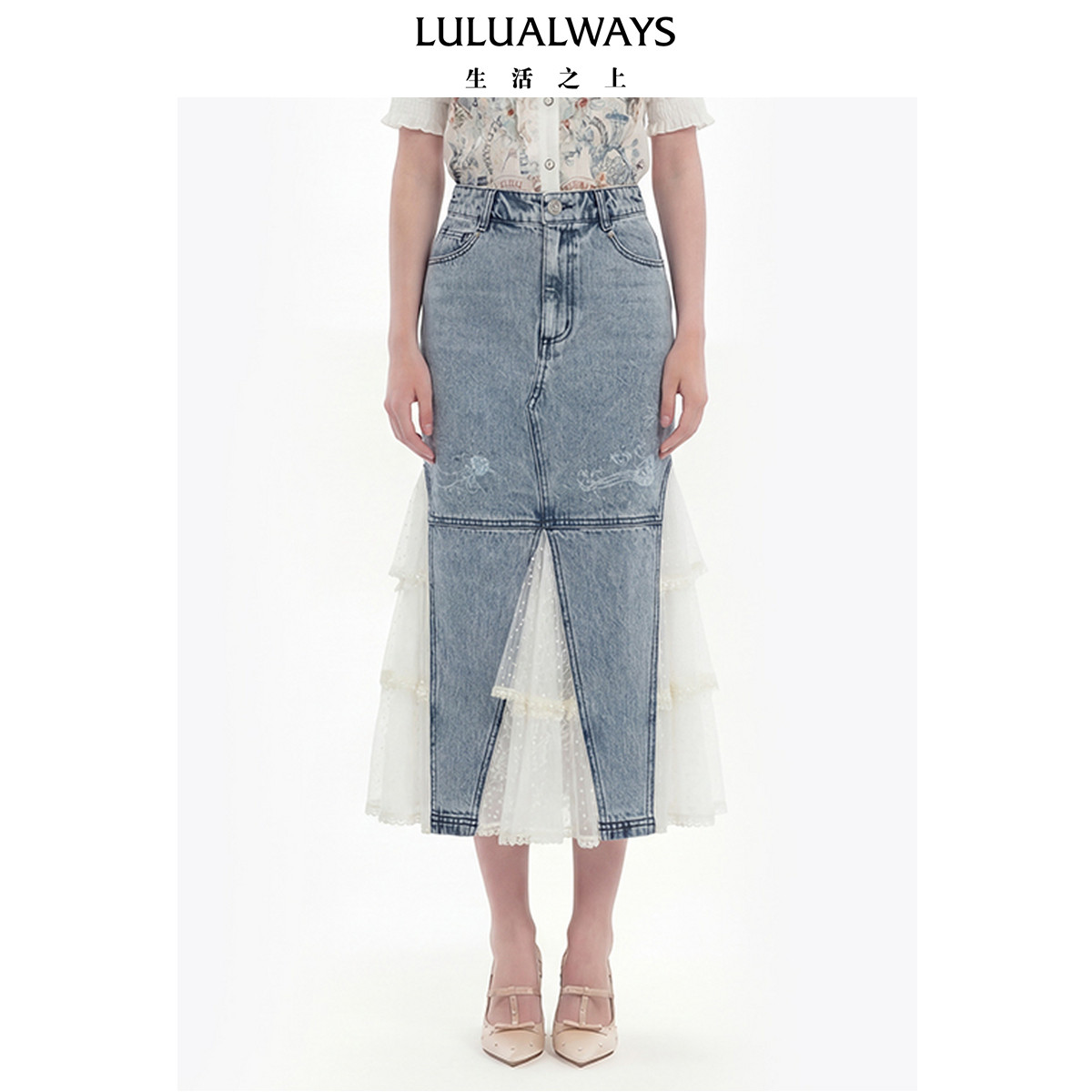 LULUALWAYS【商场同款】26夏季新款时尚设计感蕾丝拼接牛仔半身裙