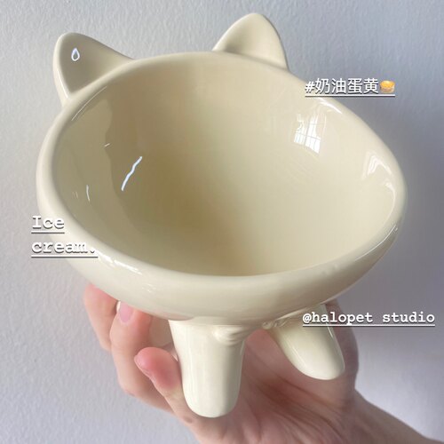 窗台上的喵～猫碗斜口高脚陶瓷