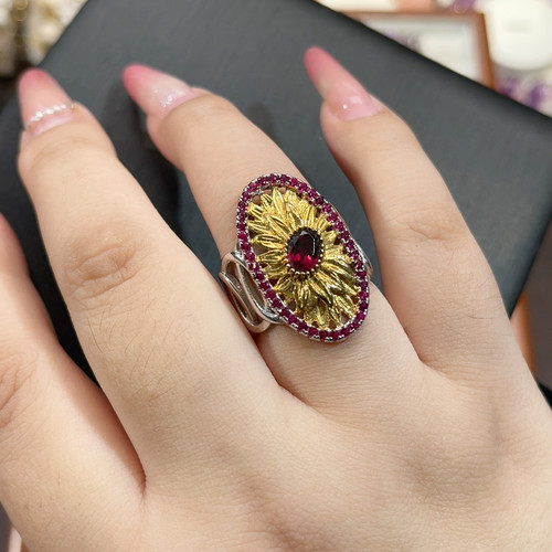 闭口18码太阳花石榴石戒指原388