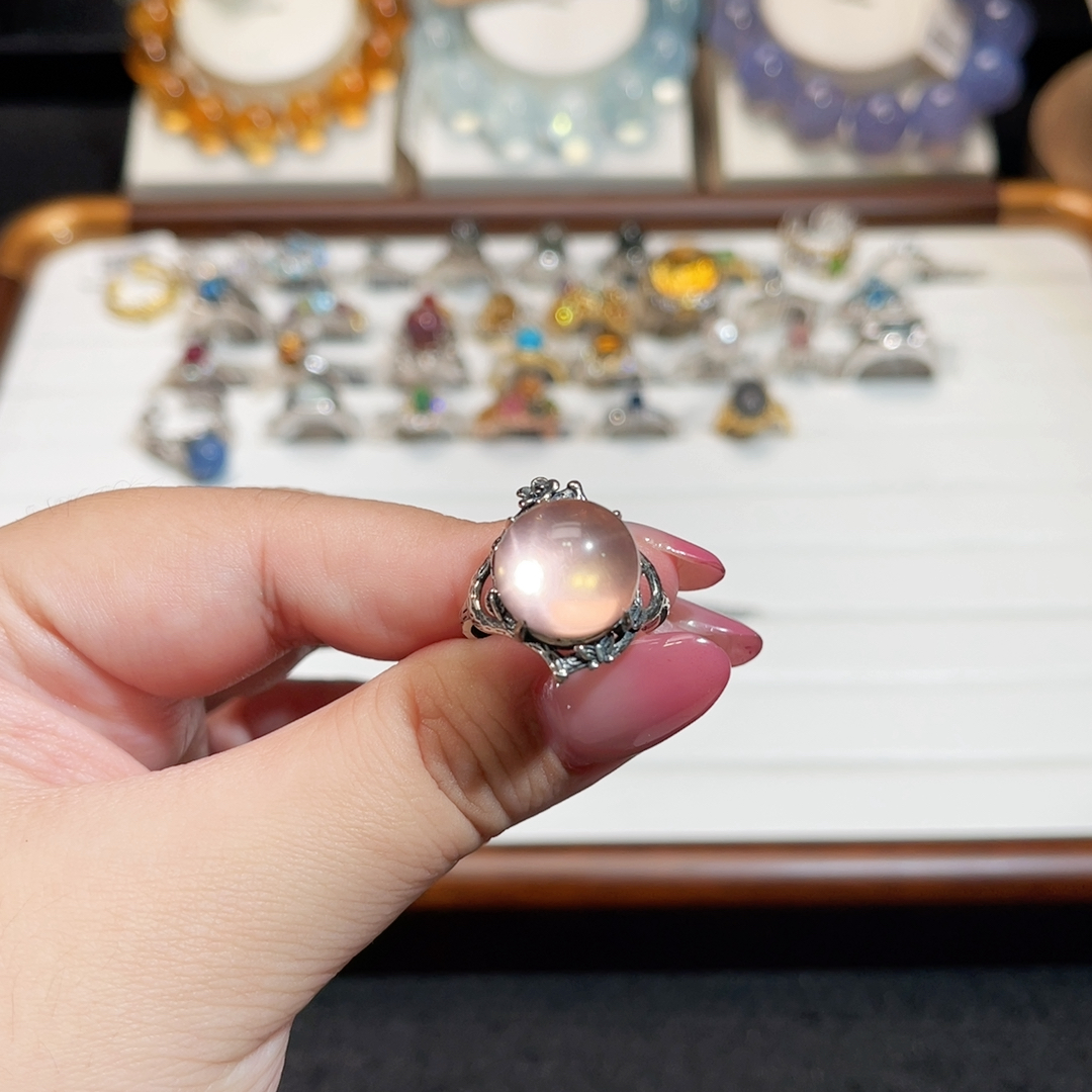 双六芒星复古托粉水晶戒指原180