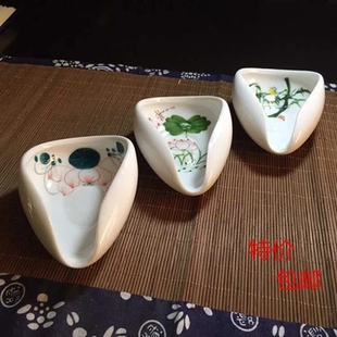 迷你青花赏茶荷白瓷赏茶盘竹根手绘荷花器茶具陶瓷碟手工观赏茶叶