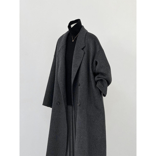小个子双面羊绒大衣女慵懒风冬新款韩系宽松高端碳黑羊毛呢外套