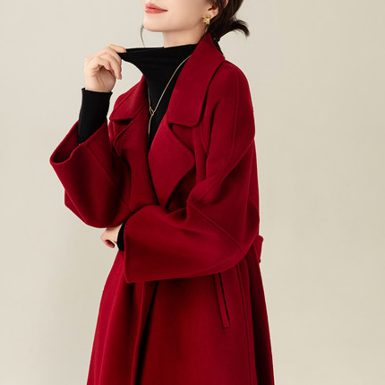 红色双面羊绒大衣女中长款2025秋冬新款高端系带过膝羊毛毛呢外套