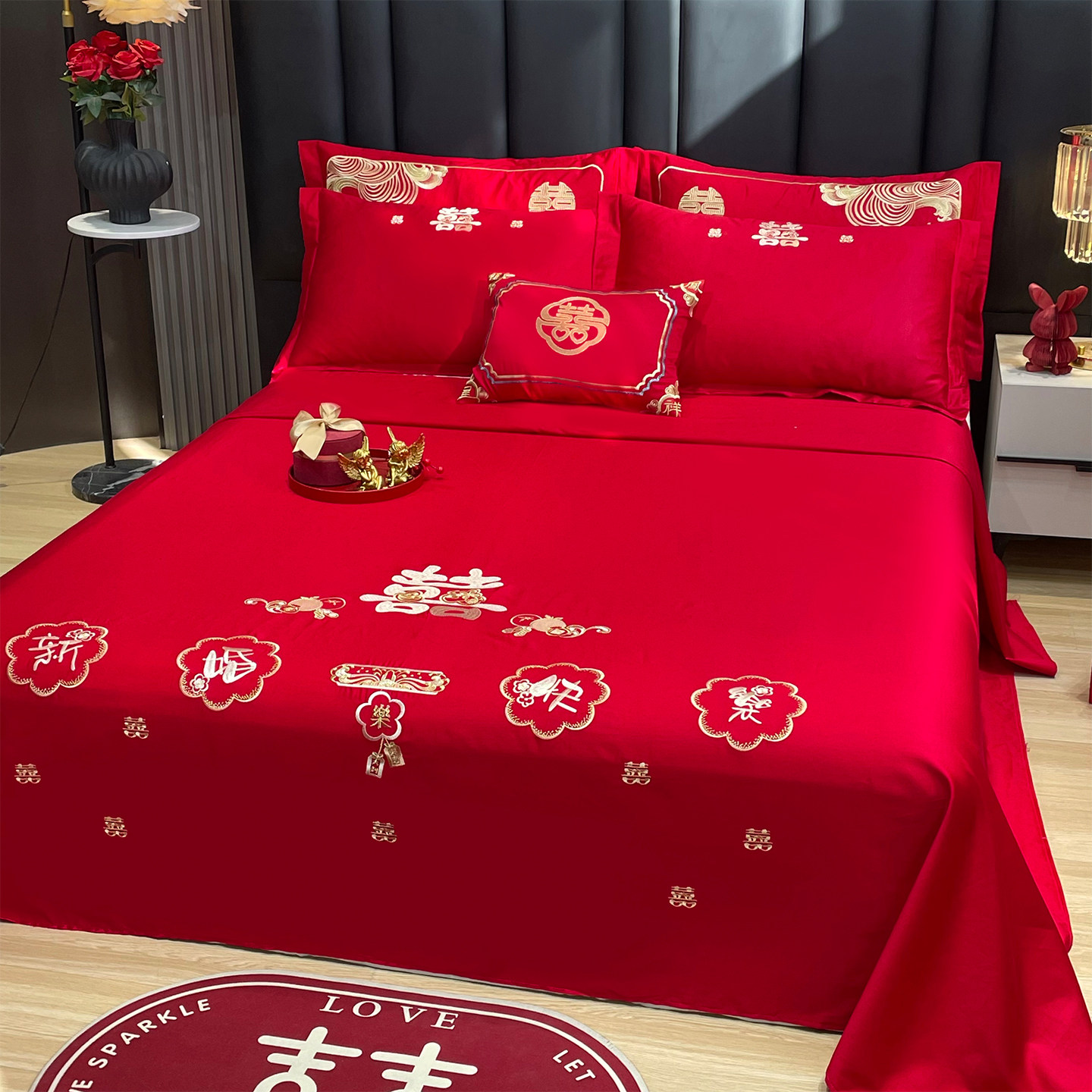 结婚大红色床单单件新娘婚房布置出嫁陪嫁全棉中式喜事被单三件套