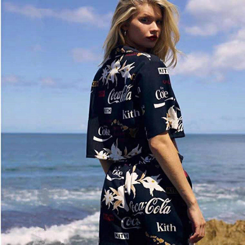 KITHXCOCA-COLA 20SS JOINT SHIRT MALE PRINT HAWAIIAN BEACH SHORTS FEMALE SUIT TIDE COUPLE