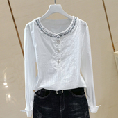 新纯棉绣花打底上衣女韩范简约小衫 2026春季 百搭 衬衫 复古圆领长袖