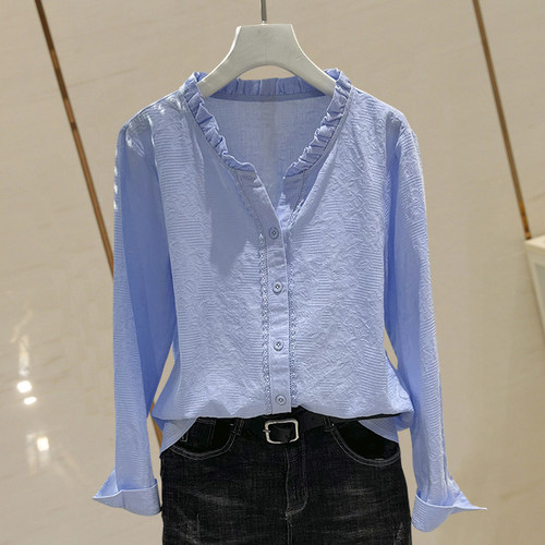 法式长袖棉布蕾丝拼接衬衫上衣女