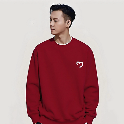 潮牌圆领重磅酒红色刺绣加绒卫衣