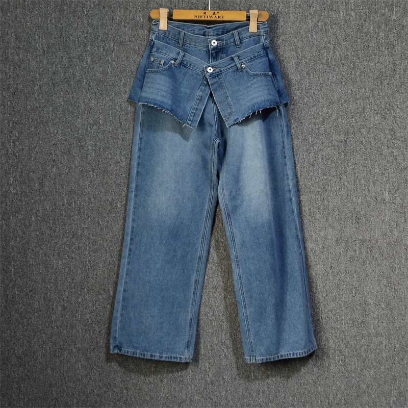 假两件屁帘裙帘牛仔裤直筒阔腿裤