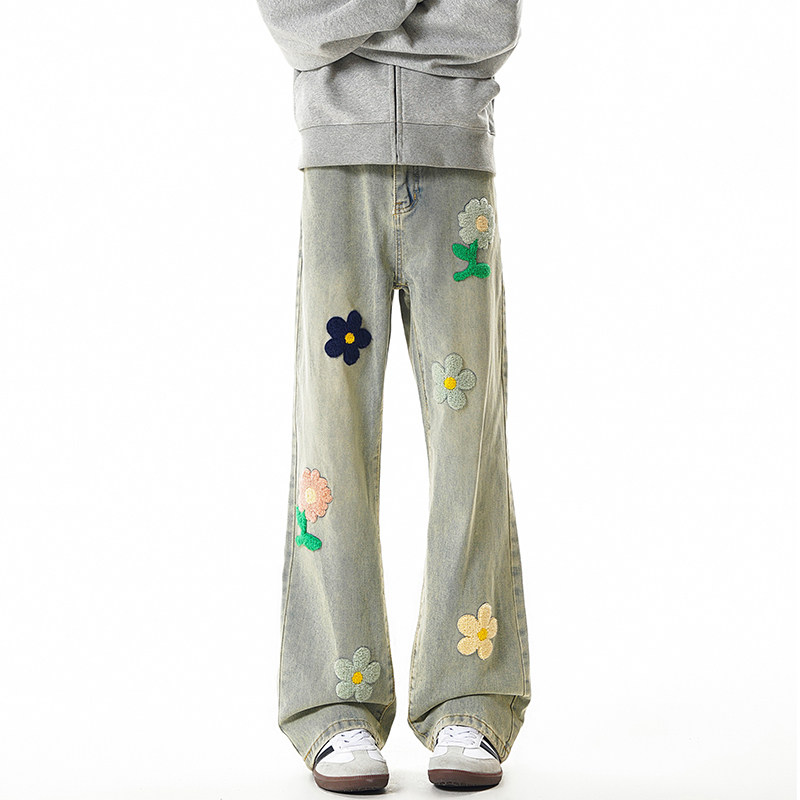 新款秋冬男女休闲裤牛仔裤显腿长复古植绒显瘦直筒修身日韩刺绣