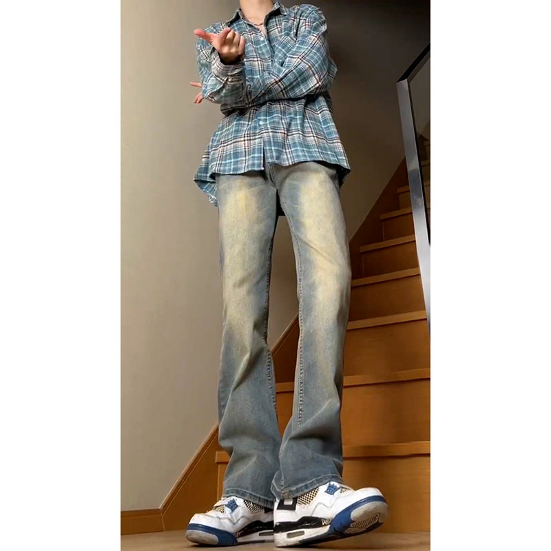 男款牛仔裤美式日韩微喇叭松紧腰显瘦直筒修身高街美式休闲长裤