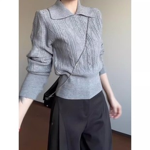 韩国麻花轻职系翻领针织毛衣女秋冬春装气质收腰内搭慵懒打底上衣