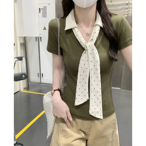 chic辣妹波点领巾短袖t恤女夏季
