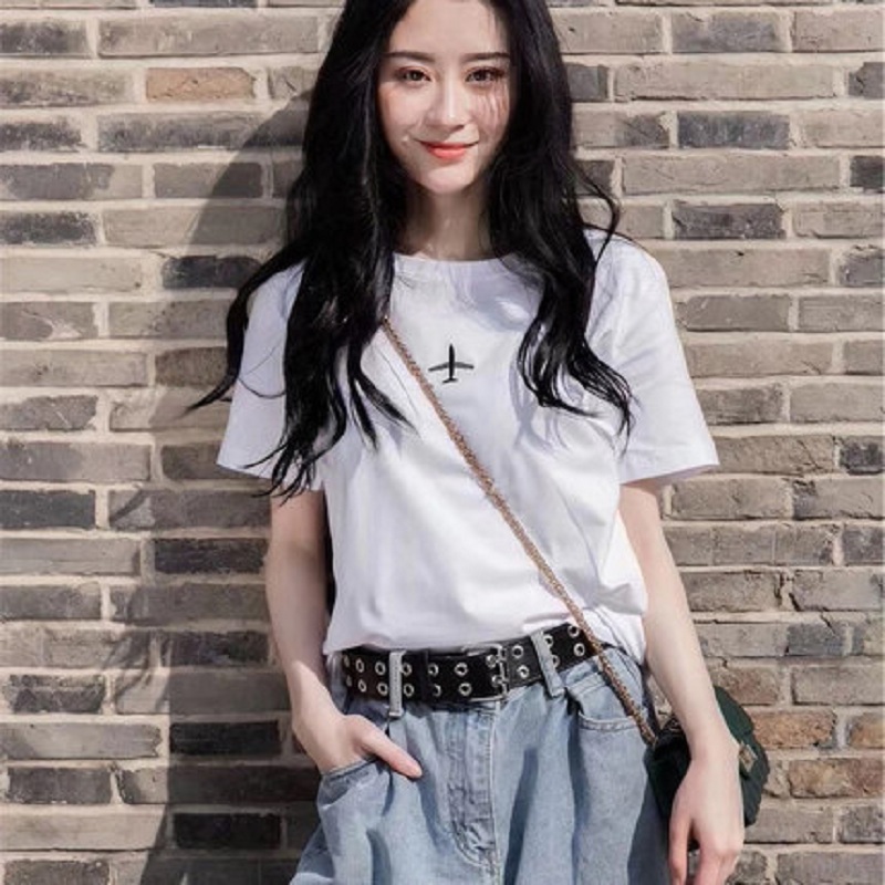 韩国2025夏装新款纯棉短袖t恤女白色刺绣小飞机宽松简约百搭上衣