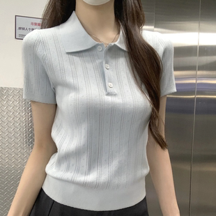 上衣 韩国提花正肩针织短袖 女夏季 polo衫 纽扣翻领t恤甜美收腰短款