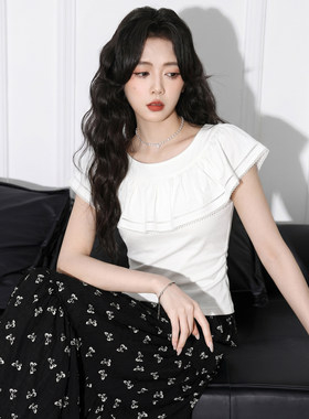 韩国白色荷叶边短袖T恤女夏2026夏季新款不规则收腰体恤短款上衣