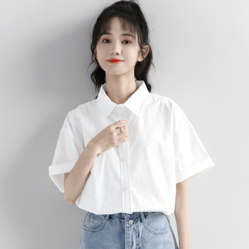 韩国夏白色短袖衬衫女休闲polo领