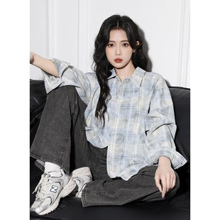 韩国蓝色格子长袖衬衫外套女夏薄款2026新款慵懒风bf宽松防晒上衣