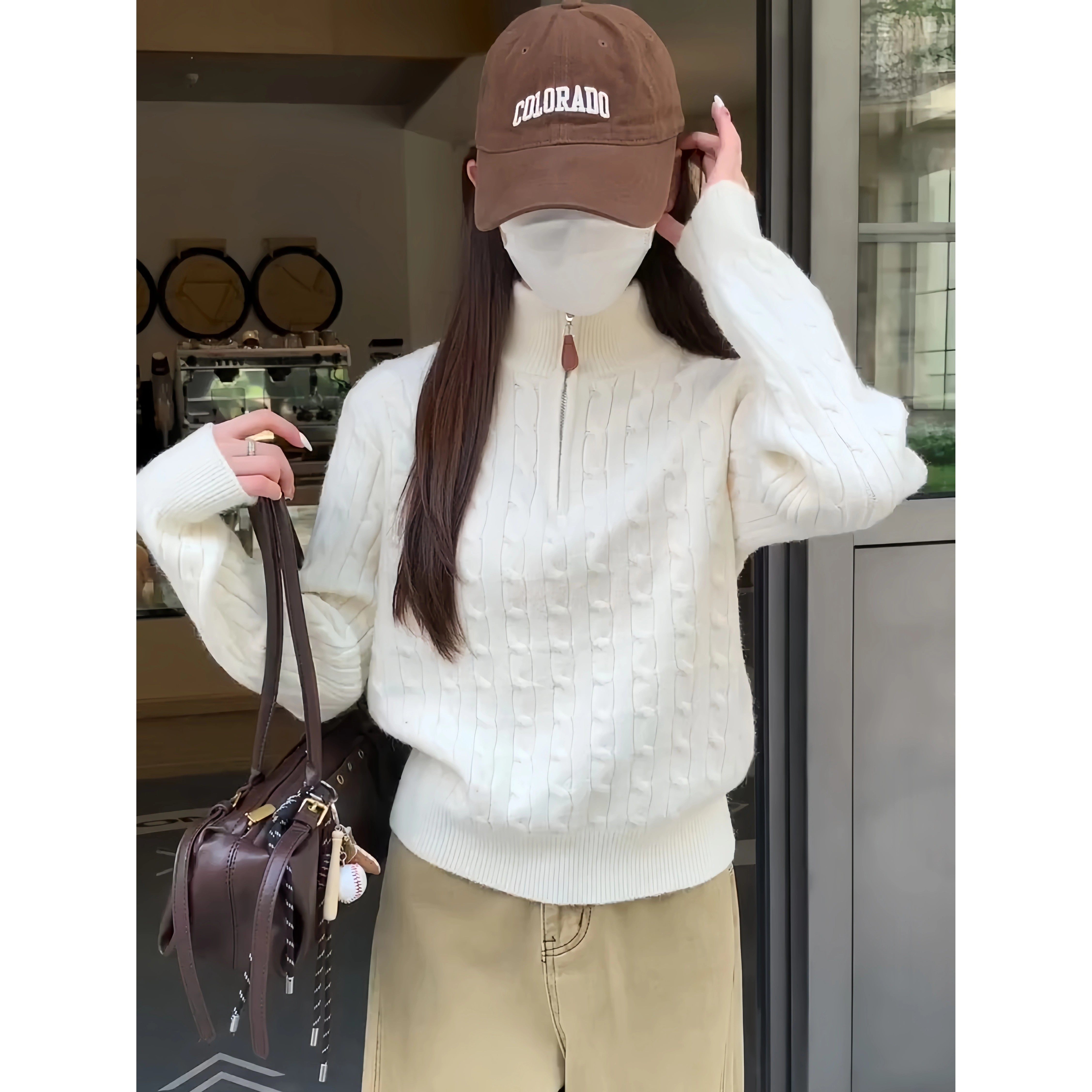 韩国气质休闲半拉链翻领麻花长袖针织毛衣女秋冬季软糯打底衫上衣