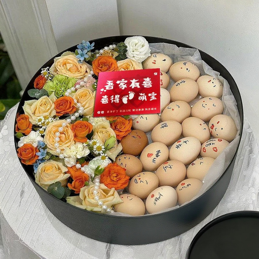 喜得宝宝月子鸡蛋水果鲜花礼品盒圆形黑色包装盒DIY材料包送闺蜜图片