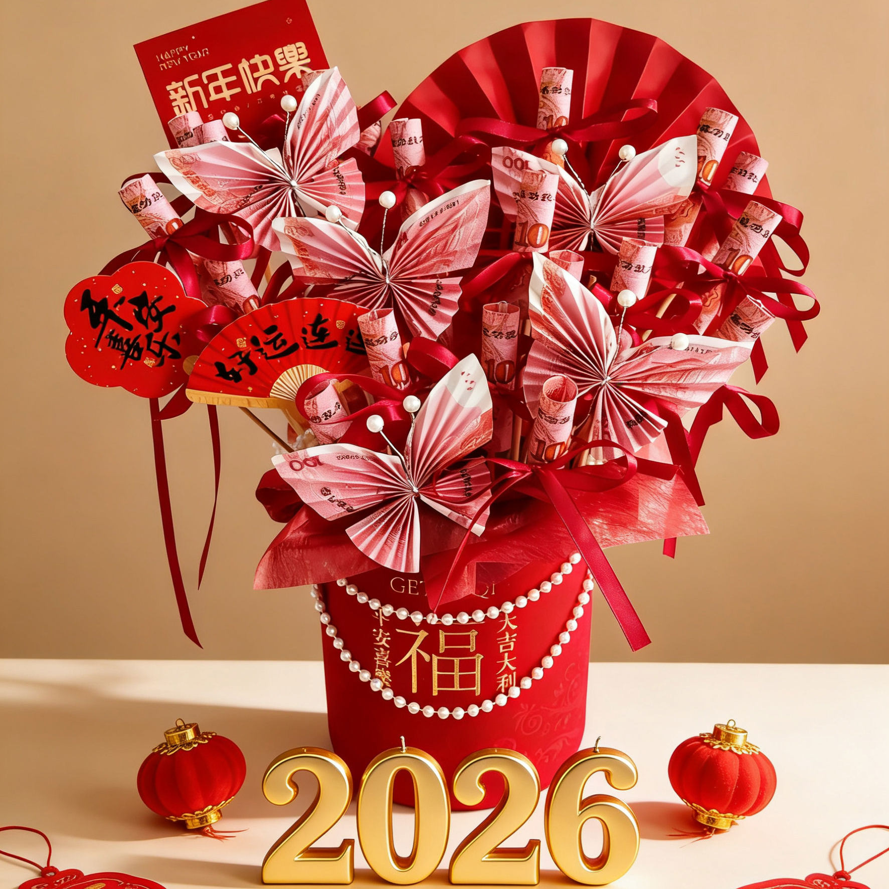 2026新年福桶抱抱桶 现金蝴蝶有钱花花束diy材礼物实用跨年礼物,鲜花速递/花卉仿真/绿植园艺,花艺包装盒,淘宝优惠券,粉丝福利购,淘宝优惠卷