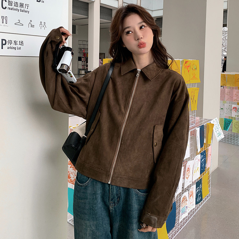 甜酷俏皮麂皮绒外套女2025春秋新款美式复古机车夹克小个子短上衣,女装卫衣/绒衫,浙宝238