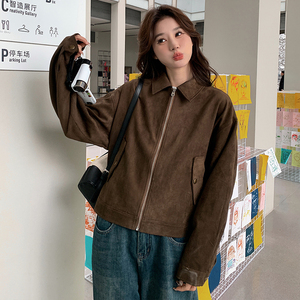甜酷俏皮麂皮绒外套女2025春秋新款美式复古机车夹克小个子短上衣图片