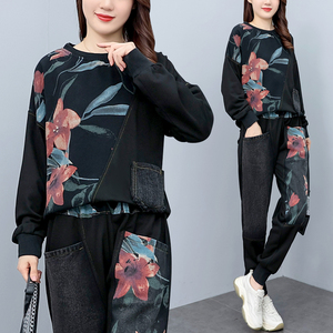 2024秋季牛仔休闲运动卫衣套装时尚显瘦长袖胖妹妹两件套大码女装