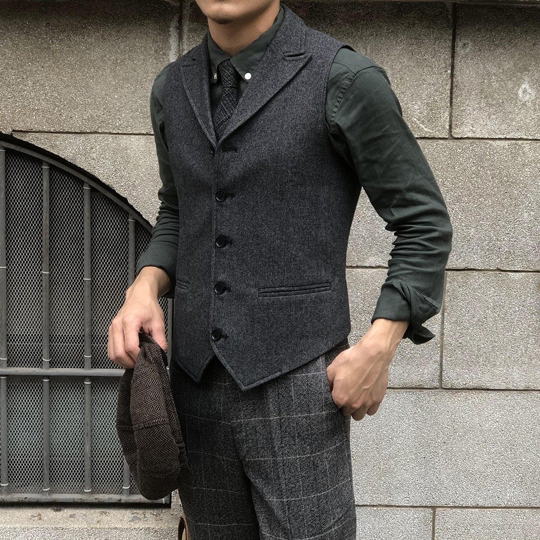 男美式复古粗花呢马甲大码修身