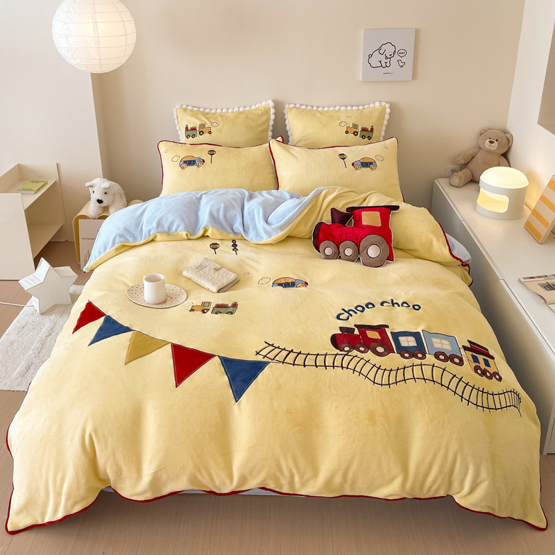 儿童高端牛奶绒四件套2023新款冬季加厚双面高密法兰绒三件套卡通