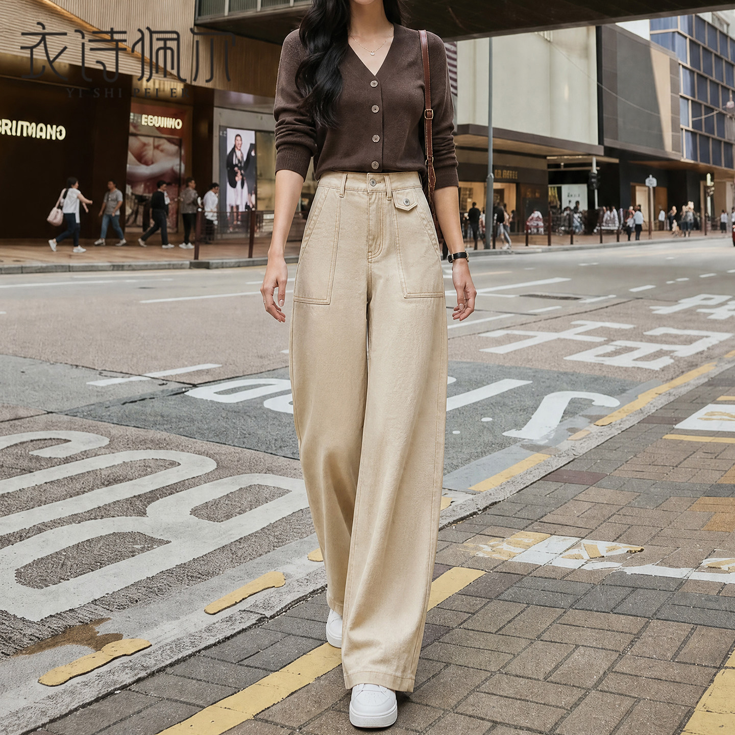 秋季新款高腰工装阔腿牛仔裤女