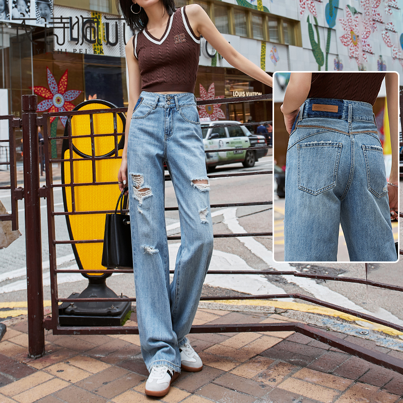 破洞牛仔裤女2025年新款夏季港风高腰阔腿裤显瘦拖地浅色直筒裤子