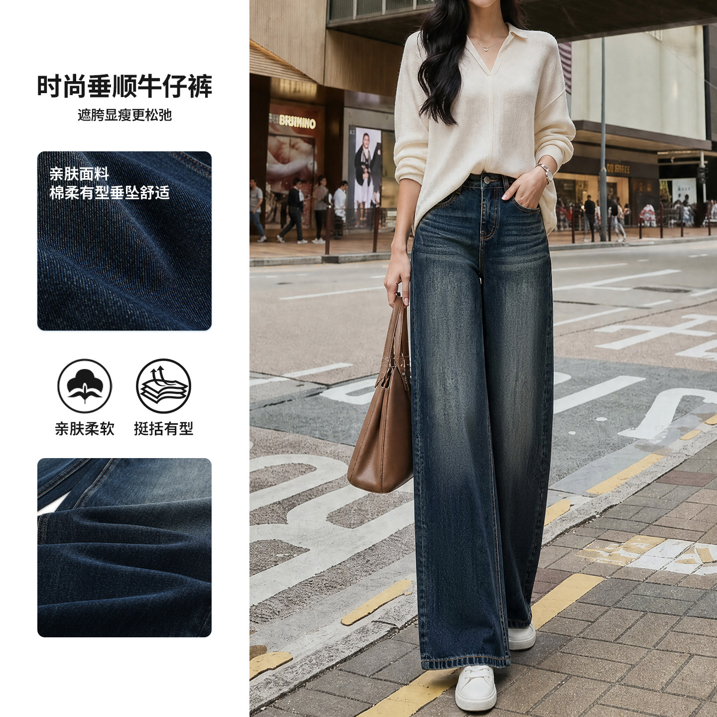 油画蓝阔腿牛仔裤女秋冬新款