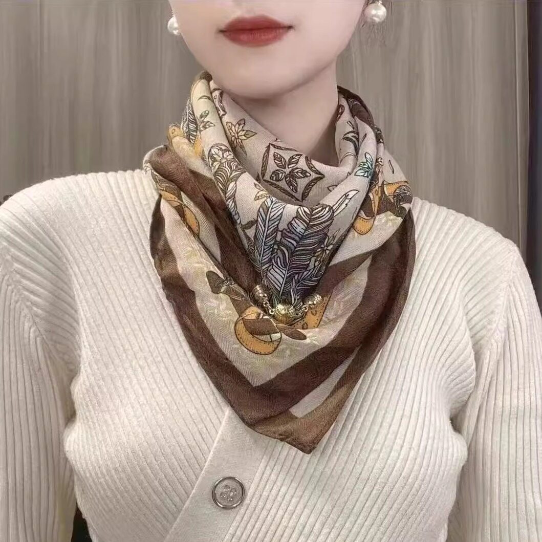 棉麻磁吸扣小方巾女字母印花橙色春秋百搭护颈围巾韩版