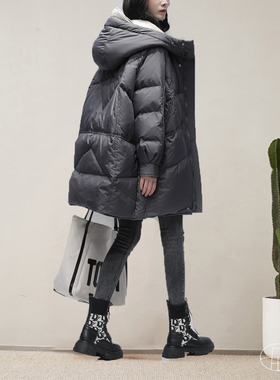 轻如云朵茧型双面异色中长款羽绒服女冬白鹅绒连帽加厚面包服外套