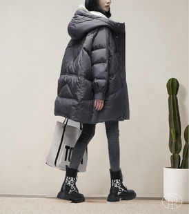 轻如云朵茧型双面异色中长款羽绒服女冬白鹅绒连帽加厚面包服外套