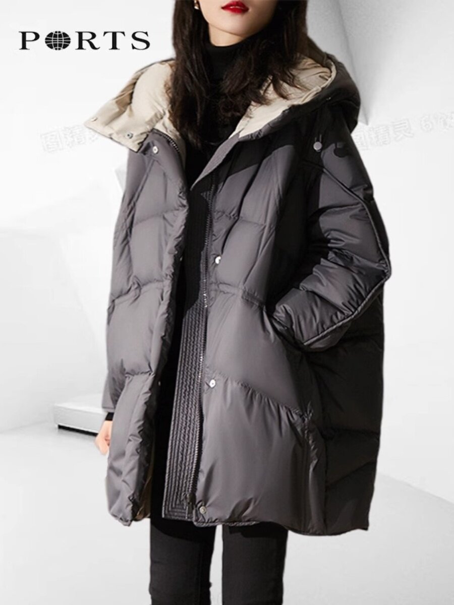 2023新款轻如云朵茧型中长款羽绒服女冬白鹅绒连帽加厚面包服外套