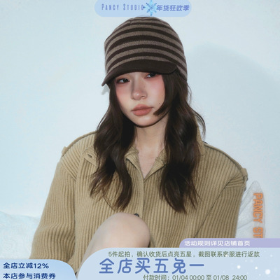 复古条纹针织马术帽韩系骑士帽