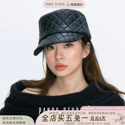 PANCY复古菱形格纹马术帽皮质平顶鸭舌帽短檐贝雷帽英伦骑士帽女