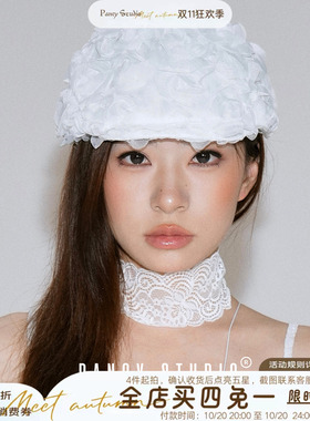 PANCY白色网纱玫瑰花朵贝雷帽时髦单品前进帽韩系百搭复古优雅
