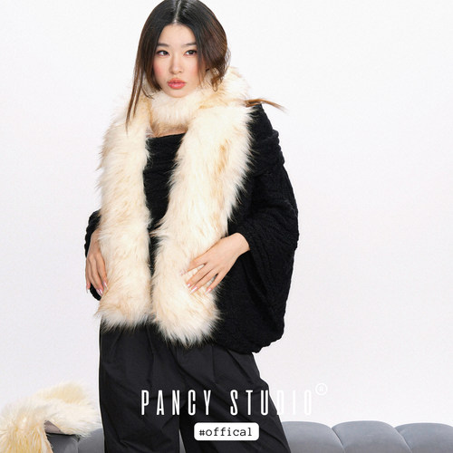 PANCY冬季氛围感毛毛围巾仿皮草长款加厚保暖毛绒围脖女高级感