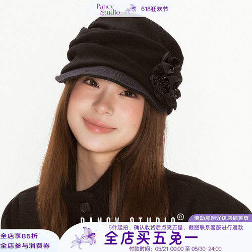 高版本混羊毛中古花朵报童帽