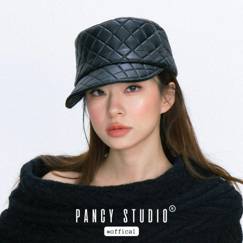PANCY复古菱形格纹马术帽皮质平顶鸭舌帽短檐贝雷帽英伦骑士帽女