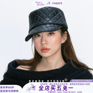 PANCY复古菱形格纹马术帽皮质平顶鸭舌帽短檐贝雷帽英伦骑士帽女