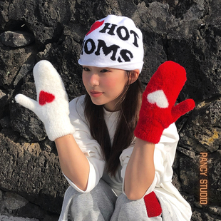 PANCY爱心撞色～加厚毛绒保暖爱心手套可爱少女连指大手套百搭