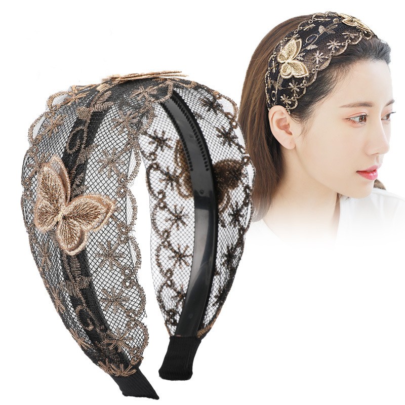 新款蝴蝶发箍蕾丝刺绣宽边遮白发发卡气质网红防滑压发洗脸头箍女