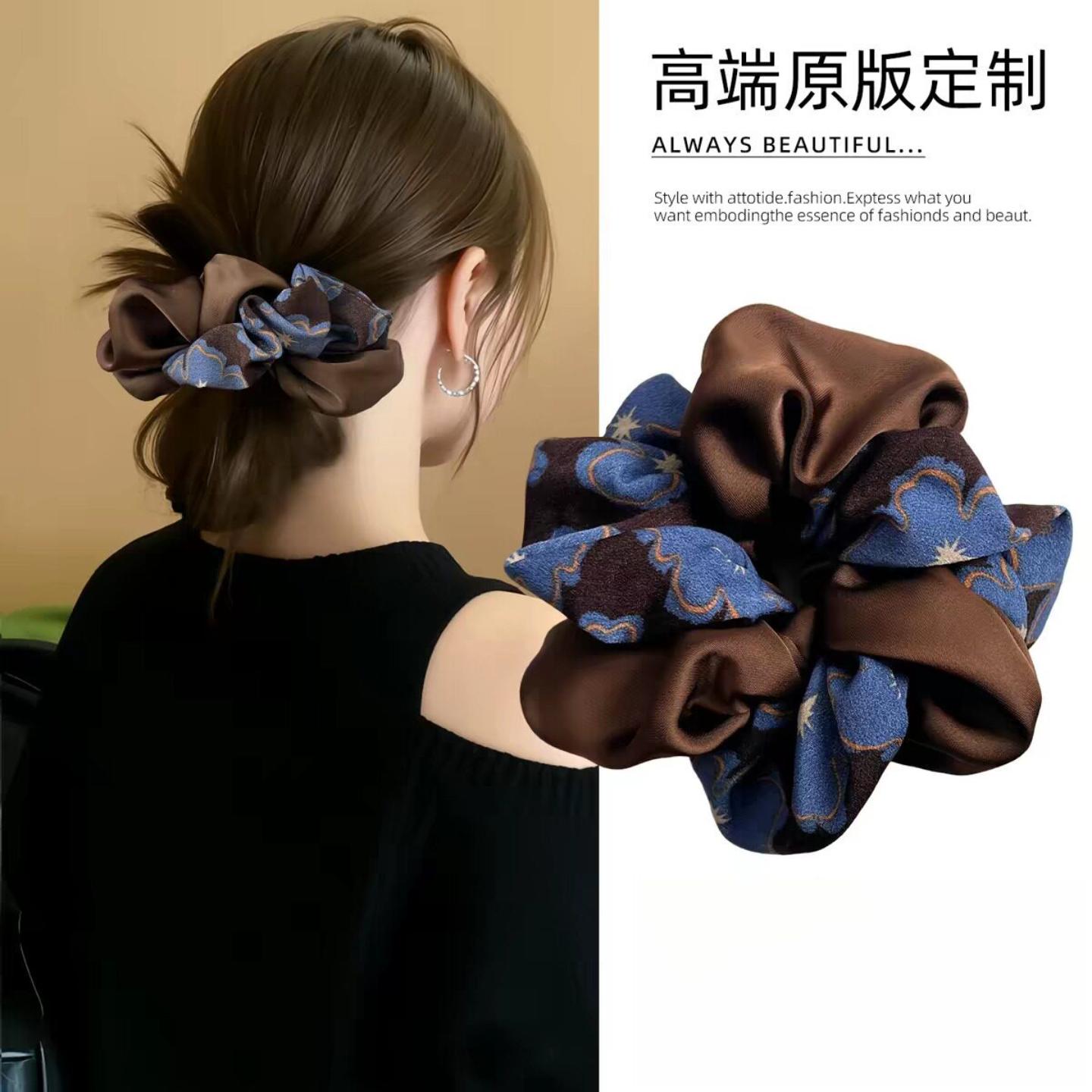 新款韩版缠绕大肠发圈蓝咖拼色女