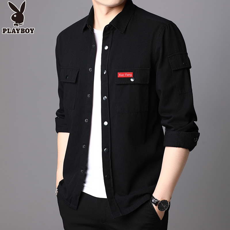 花花公子工装衬衫男士长袖纯棉港风休闲衬衣秋季外套全棉男装衬衫