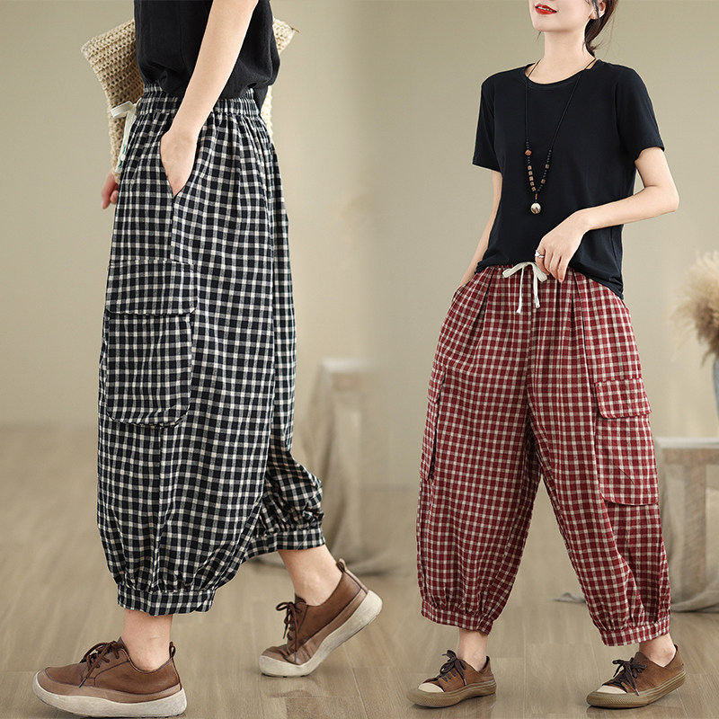 胖mm新款宽松显瘦棉麻哈伦九分裤复古大码格子秋夏灯笼裤休闲裤女